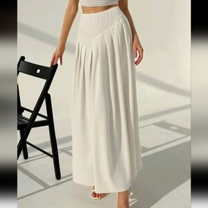 Asymmetrical Pleated A-Line Long Skirt, Plain Apricot Color